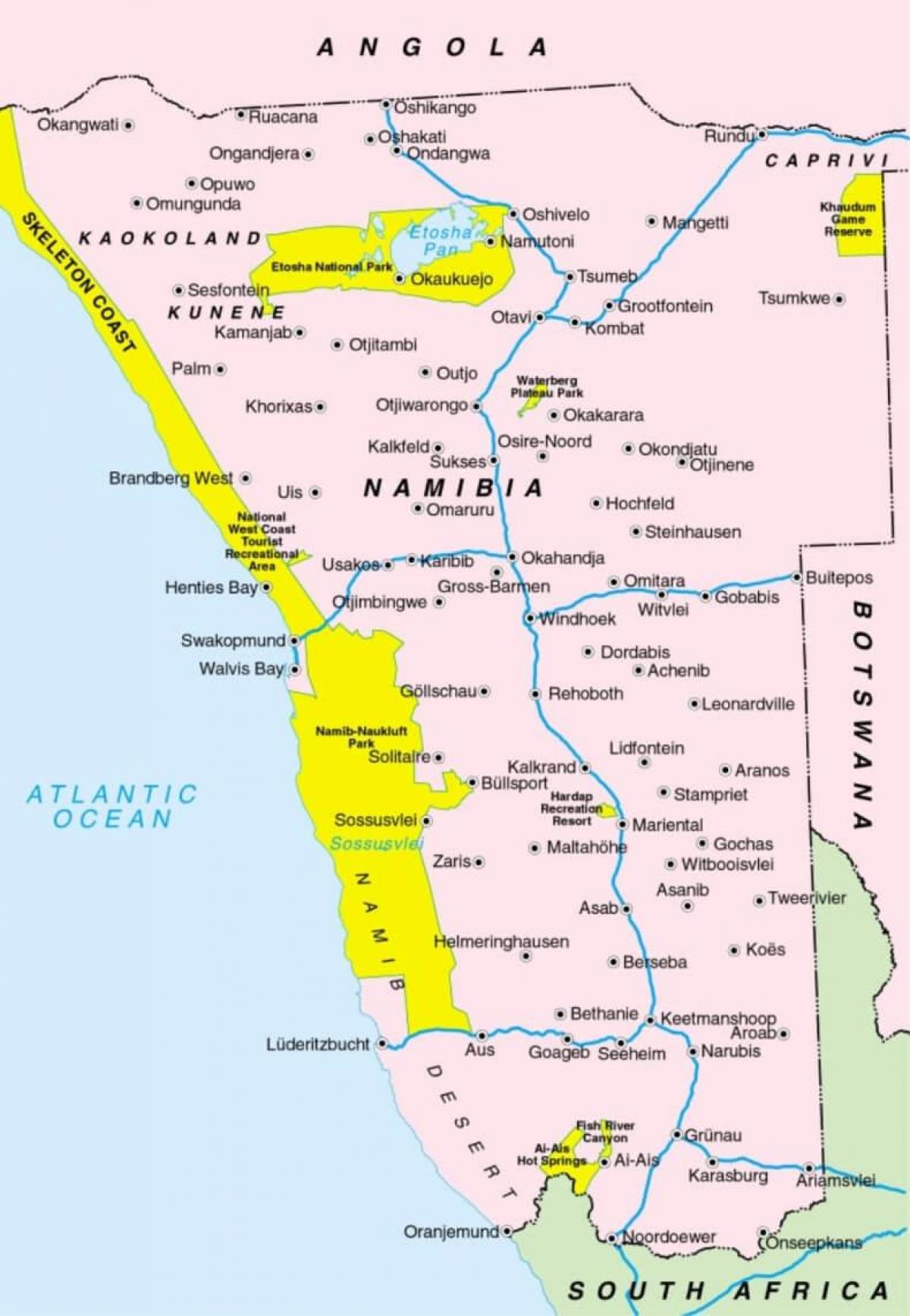 Mapa Namibiji pokazuje gradova